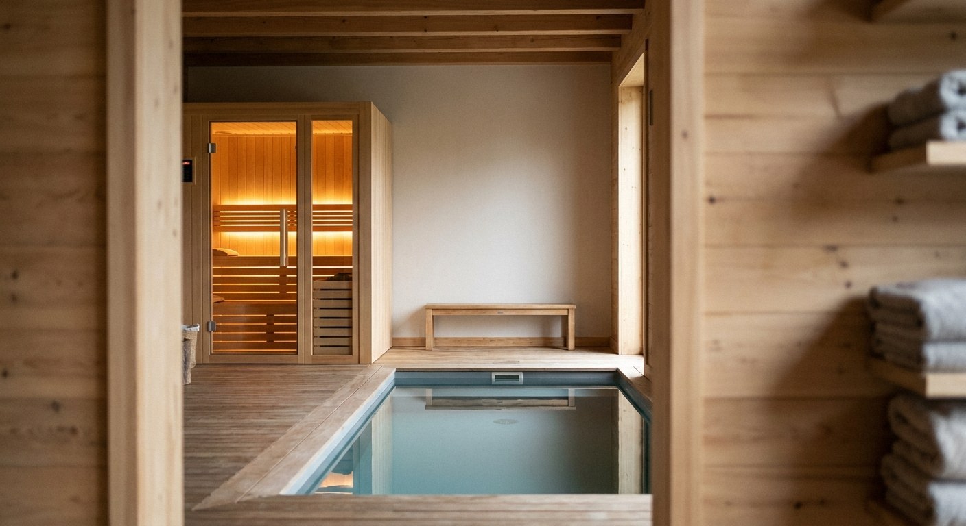 Wooden spa room featuring a lit sauna, central pool, wooden bench, and towel shelves, viewed through a wooden doorway
