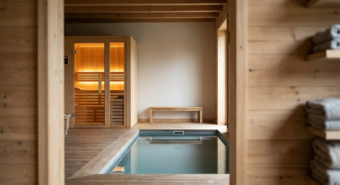 Wooden spa room featuring a lit sauna, central pool, wooden bench, and towel shelves, viewed through a wooden doorway
