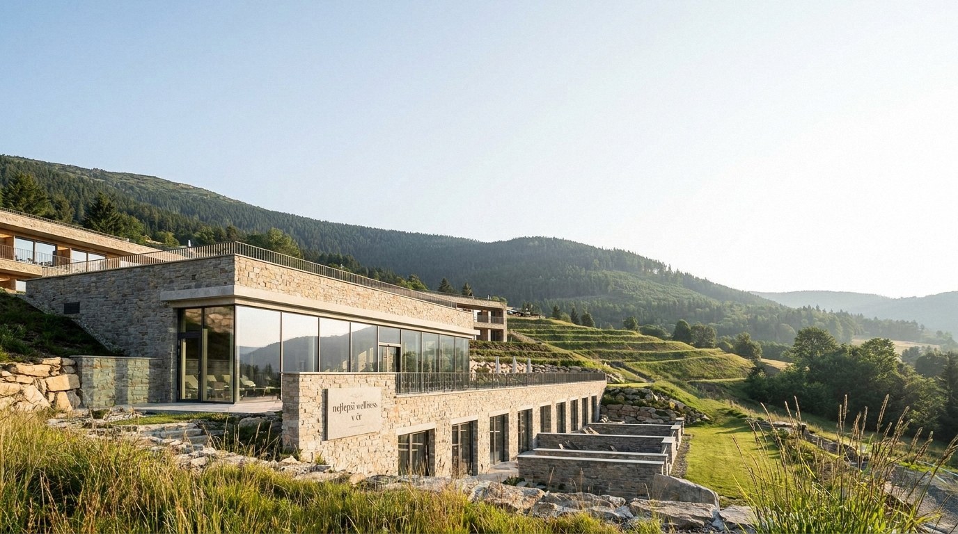 Wide context view of a luxury wellness resort exterior seamlessly integrated into a vibrant green mountain landscape
