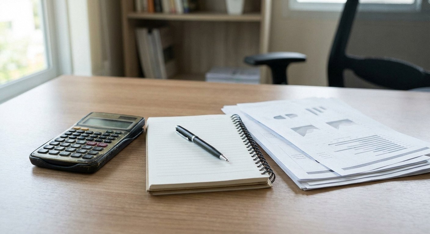 Wooden desk holding a calculator, a spiral notebook with a pen, and papers displaying charts. An office chair and