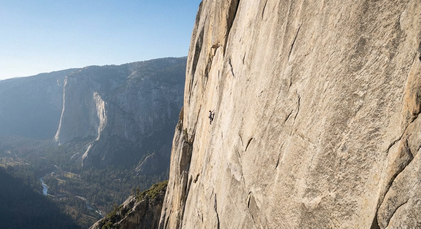 A tiny figure climbs a massive, sheer granite cliff. In the background lies a valley with a river, forests, and another