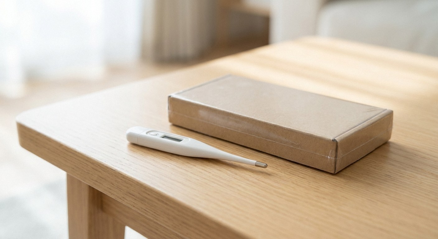 A white digital thermometer and a plain brown cardboard box rest on a light wooden table. The background is brightly