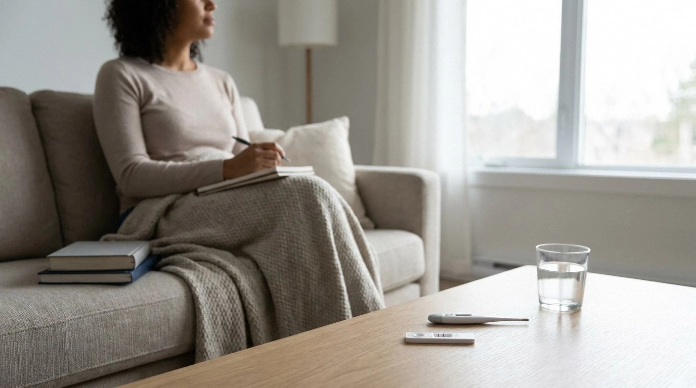 Woman on couch under a blanket with pen and notebook. Foreground table holds a positive rapid test, thermometer, and